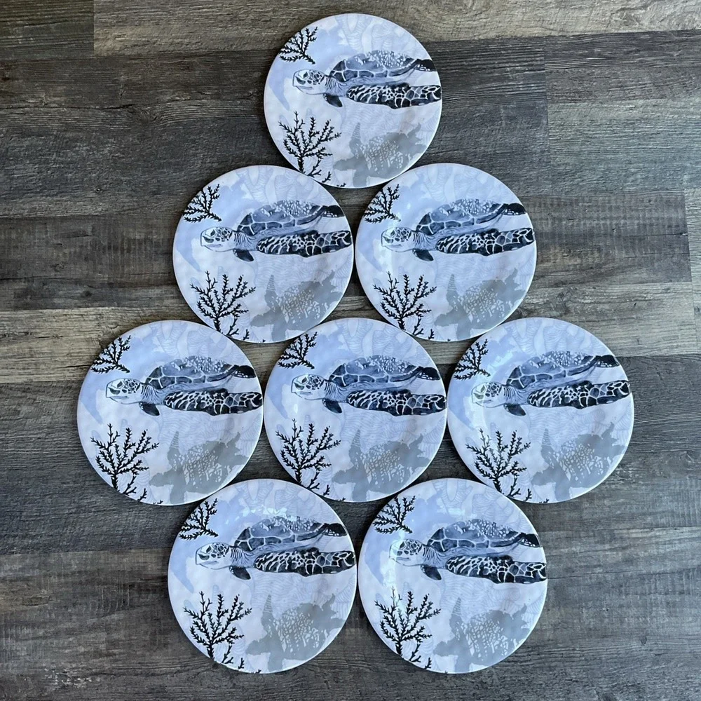 Marine Sea Turtle Melamine Dinner Plate Set 8- 11" Round Plates Nautical Coastal - Picture 3 of 9